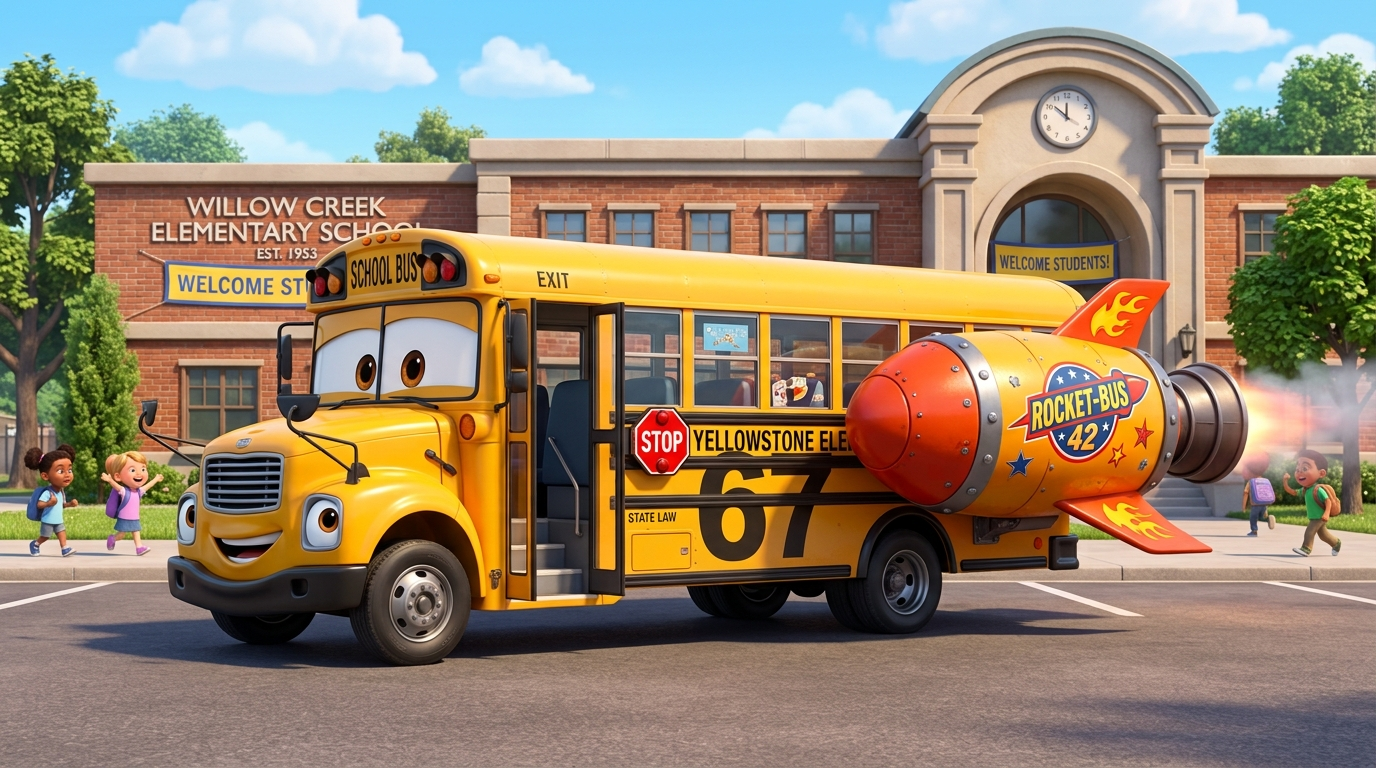 Cute cartoon school bus ready for a journey through space