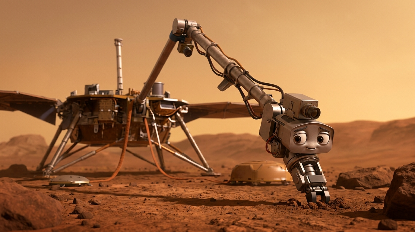 Cartoon InSight lander and robotic arm character